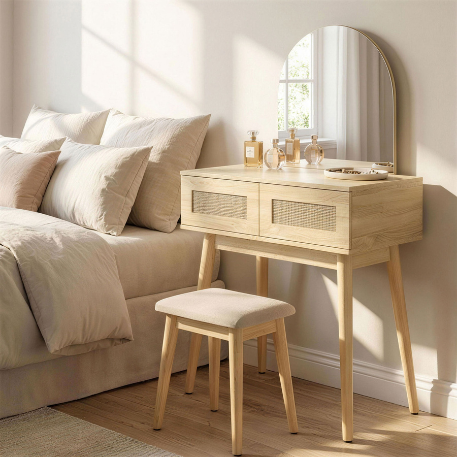 HOMCOM Schminktisch mit gewölbtem Spiegel und 2 Schubladen mit Rattan-Front in Natur/Beige/Braun für das Schlafzimmer - Bild 2