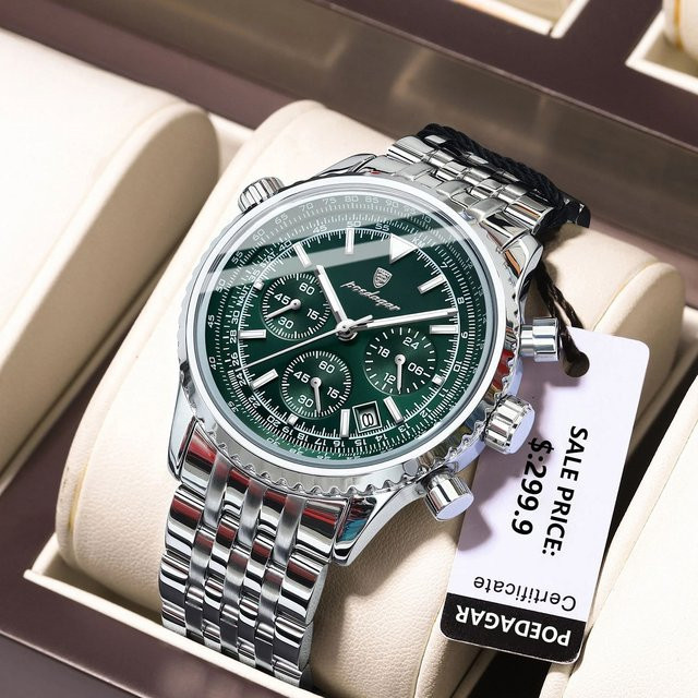POEDAGAR Chronograph Armbanduhr, Quarz, Edelstahl, Grün, Herren - Bild 1