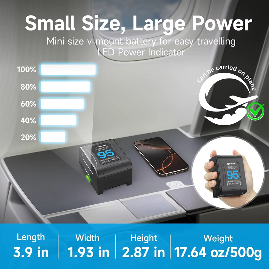 Moman Power 95 V-Lock Akku mit 95 Wh und 6450 mAh, 14,8 V, Schwarz, mit 2 x D-Tap und USB-A Ausgang für Sony und Canon Kameras - Bild 3