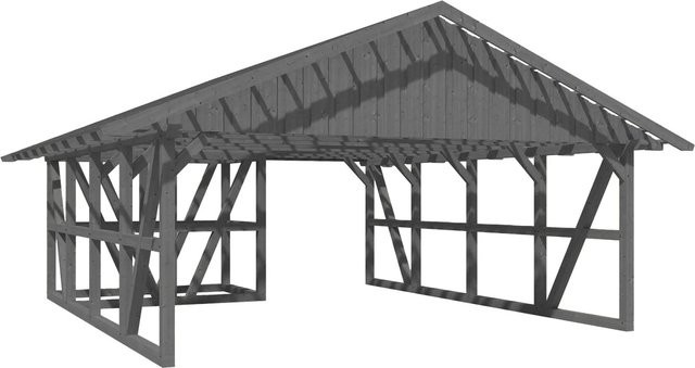 Skan Holz Carport Schwarzwald aus Fichtenholz mit Satteldach, Dachlattung und Abstellraum in Grau, B: 684 cm, T: 772 cm - Bild 1