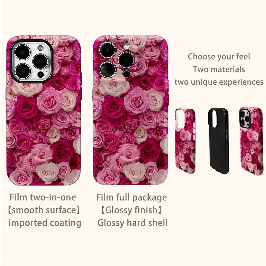 Potdemiel Handyhülle Pink Rose Bloom Art mit doppelschichtiger Rückseite für iPhone 17AIR 16E 16 15 14 13 12 11 Pro Max Plus - Bild 3