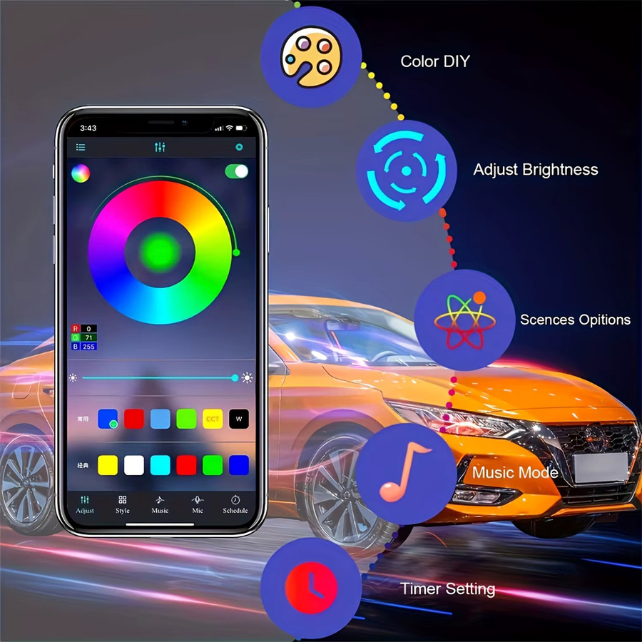 AnautosL LED Auto Innenbeleuchtung RGB Neon Flex Glasfaser Lichtleiste mit USB-Anschluss, 3 m, Multicolour - Bild 3