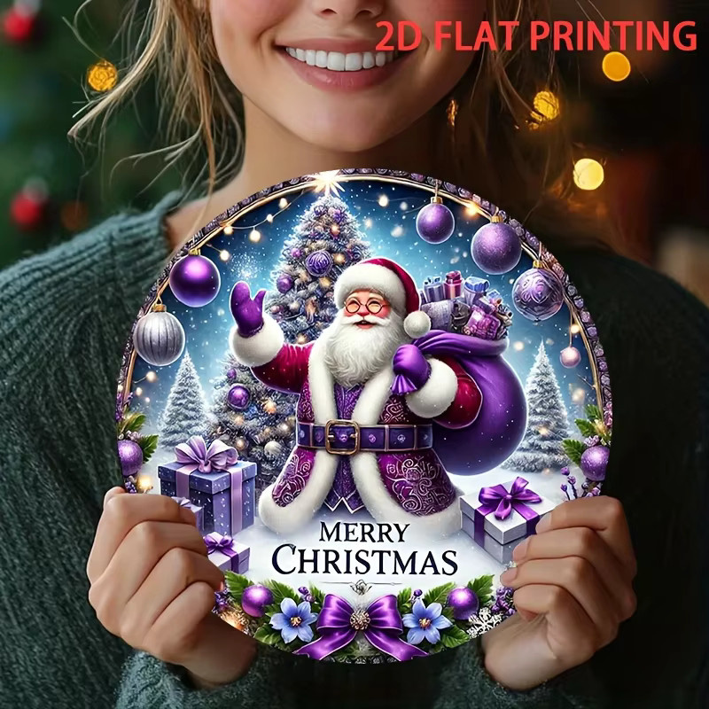 Lila Weihnachtsmann Wanddekoration von Potdemiel im Vintage-Stil mit Geschenken und Weihnachtstext, Durchmesser: 20 cm - Bild 2