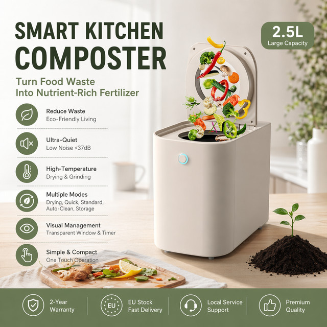 BEECO HQD-260C Küchenkomposter in Weiß mit 2,5 l Kapazität, UVC-Entkeimung, Kindersicherung und LCD-Bildschirm - Bild 1