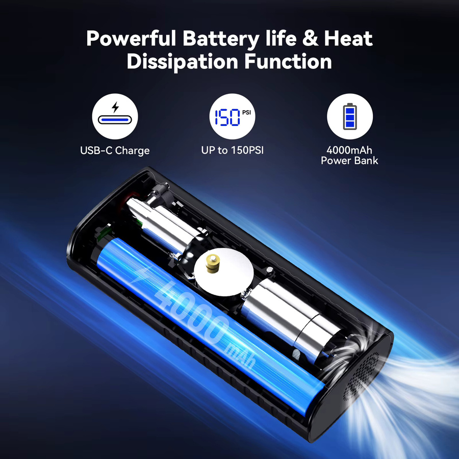 Lexin P4 Intelligente Luftpumpe in Schwarz mit 4000 mAh Akku, digitalem LED-Display und voreingestelltem Druck für Motorräder, Fahrräder und Boote - Bild 6