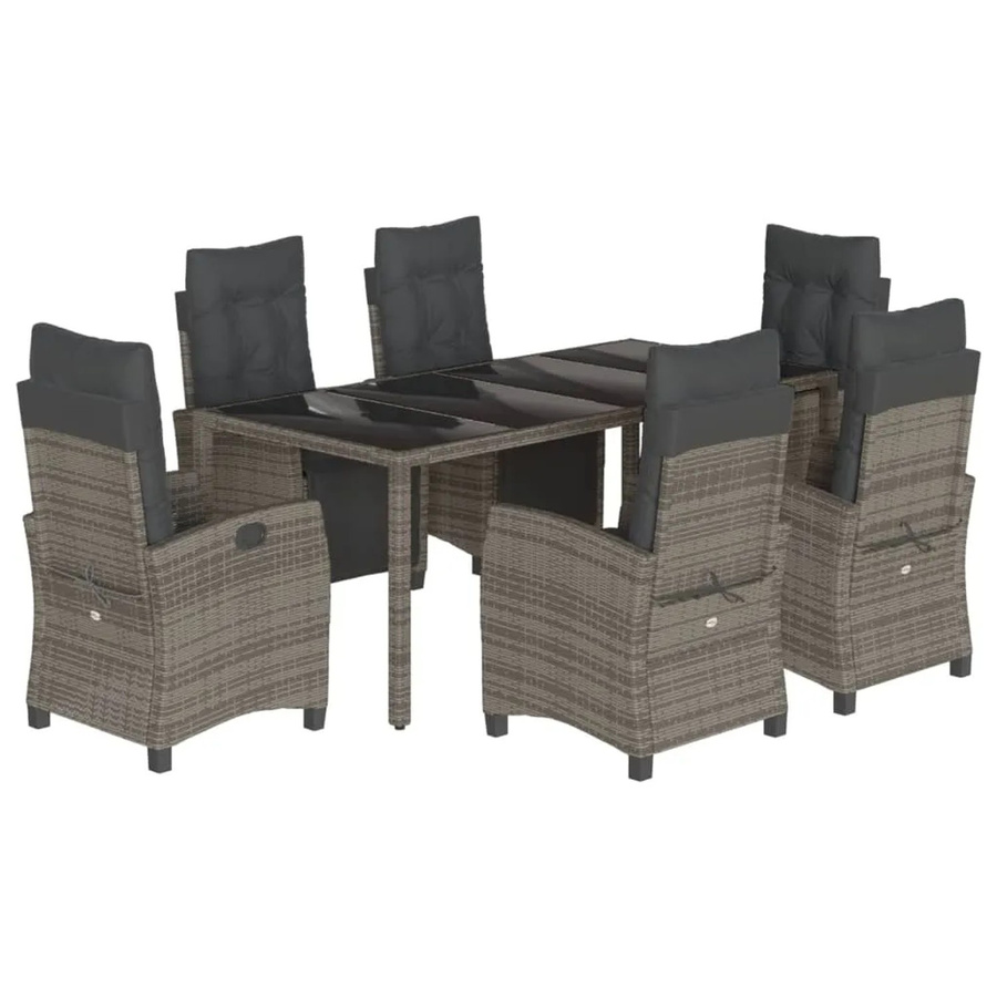vidaXL 7-teilige Garten-Essgruppe aus Poly-Rattan mit Kissen in Grau und Tisch mit Hartglasoberfläche - Bild 2