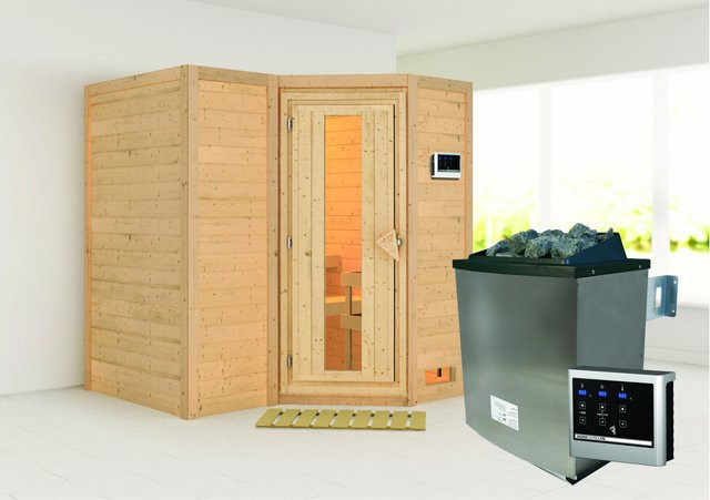 Karibu Massivholzsauna Steena 1 aus Fichte und Espe in Braun mit 9,0 kW Ofen, externem Steuergerät und Energiespartür, B/T/H: 193 x 184 x 212 cm - Bild 1
