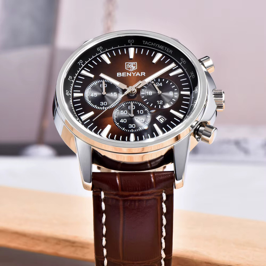 BENYAR Chronograph Armbanduhr, Quarz, Leder, Herren, Schwarz - Bild 4