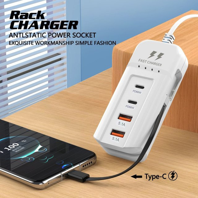 66W 4-Port PD USB-C Schnellladegerät USB-Hub-Adapter in Weiß mit EU US UK Stecker - Bild 1
