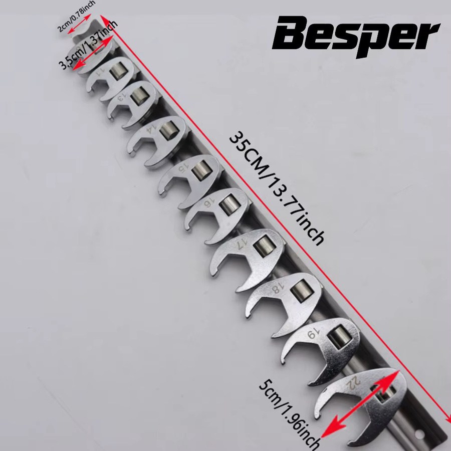 Besper 10-teiliges Crowfoot-Schraubenschlüssel-Set mit 3/8 Zoll Antrieb, metrischer Mutternschlüssel-Werkzeugsatz 10–22 mm, Farbe Silber - Bild 3