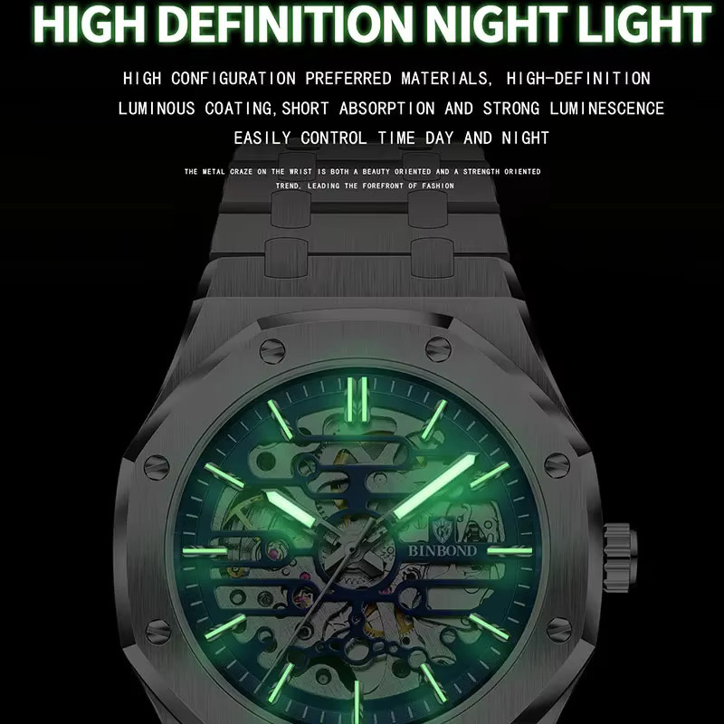 BINBOND Armbanduhr Edelstahl, Automatik, Skeleton, Schwarz, Herren - Bild 4