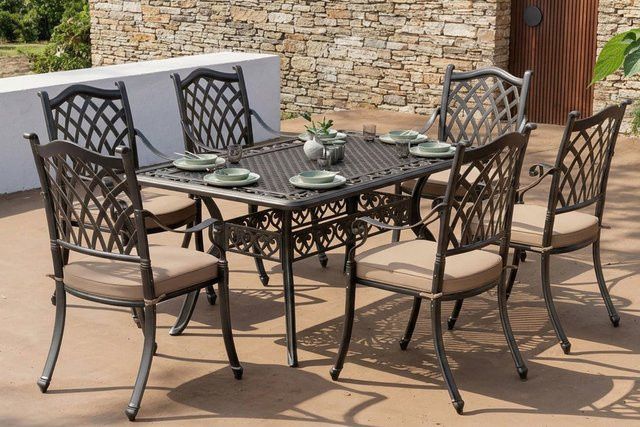 OUTFLEXX Cambridge Garten-Essgruppe mit 6 Stühlen aus Gussaluminium und Polyester in Bronze, Beige und Schwarz, Tisch Breite: 150 cm, Tiefe: 90 cm - Bild 1