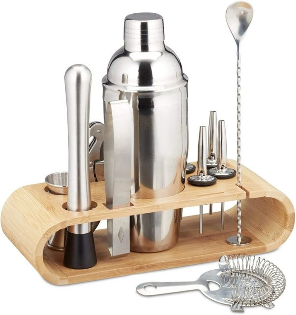 Relaxdays Cocktailset aus Edelstahl und Bambus in Silber, 11-teilig mit Ständer, 890 g - Bild 1