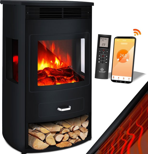 KESSER Prio Elektrokamin in Schwarz mit LED-Flammeneffekt, Heizfunktion 950/1900 W, WiFi App-Steuerung und Fernbedienung - Bild 1