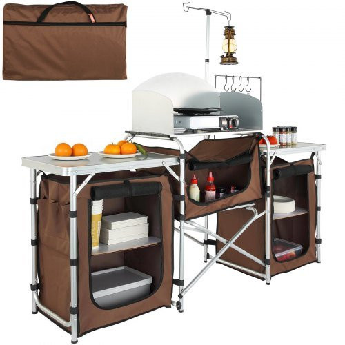VEVOR Camping Küchentisch aus Aluminium in Braun mit 3 Schränken und abnehmbarem Windschutz, klappbare Outdoor Kochstation für Picknick und BBQ - Bild 1