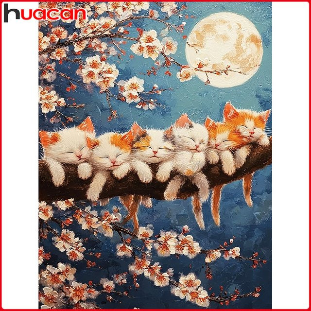 Huacan Diamant-Malset Katze und Mond mit runden Steinen, Motiv Tier-Landschaft in Multicolour, B/H: 30 x 20 cm - Bild 1