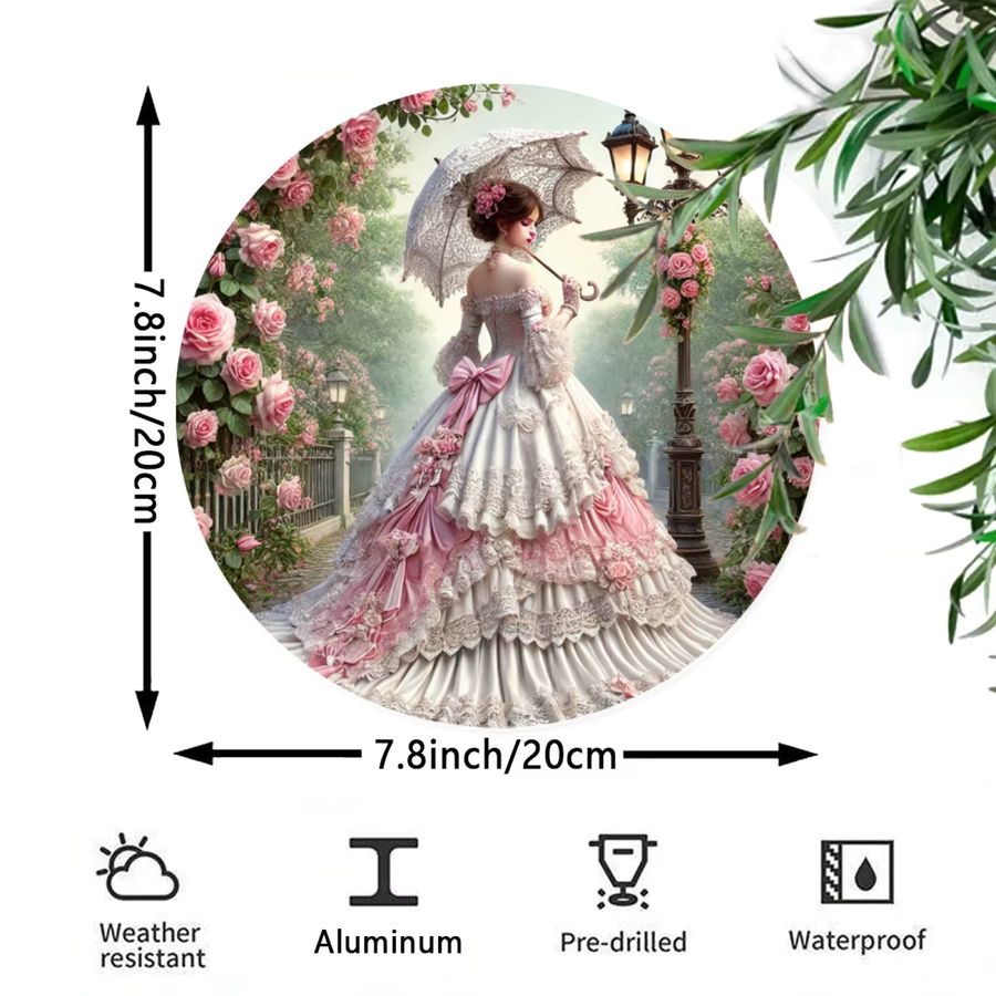 Potdemiel Aluminium-Wandkunst Viktorianische Dame in Weiß und Rosa, Rund, Durchmesser: 19,81 cm - Bild 2