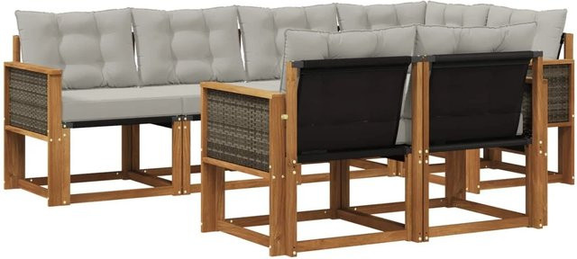 vidaXL Outdoor-Sofagarnitur in L-Form aus massivem Akazienholz mit 7 Textilene-Kissen in Natur und Hellgrau - Bild 1