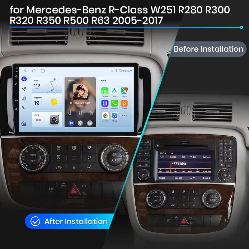Junsun Wireless CarPlay Android Auto Autoradio für Mercedes-Benz R-Klasse W251 V251 2005-2013 mit GPS, WiFi, Bluetooth und integriertem Lüfter in Schwarz - Bild 2