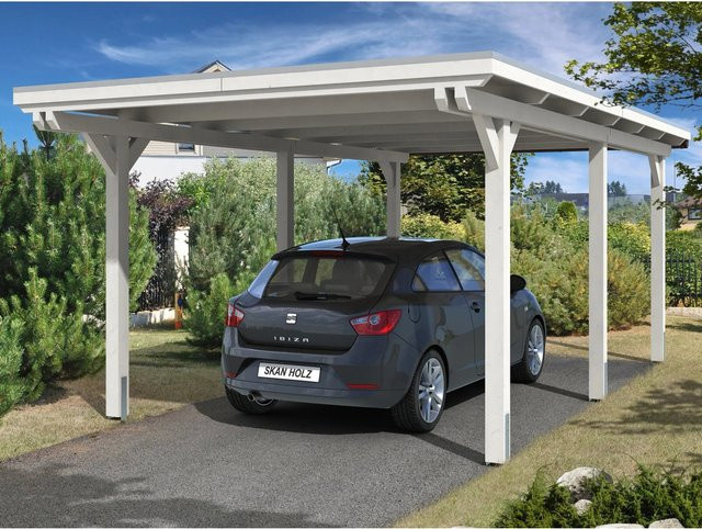 Skan Holz Carport Emsland aus Fichte Leimholz in Weiß mit Aluminium-Dachplatten, B/T: 354 x 604 cm, Höhe: 238 cm - Bild 1