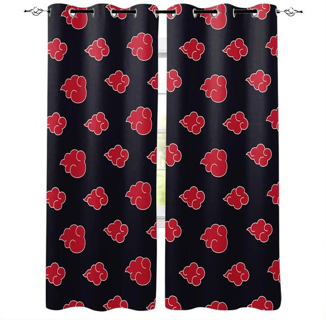 Dekorative Vorhänge mit roter Wolke auf schwarzem Hintergrund aus Polyester, 2er-Set mit Ösen, Breite: 65 cm, Höhe: 60 cm - Bild 1