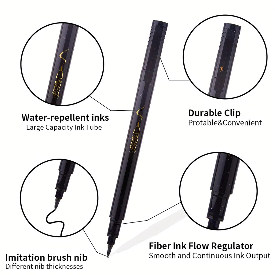 4-teiliges Kalligraphie-Stift-Set mit feiner und Pinselspitze, nachfüllbare schwarze Tinte, schlanker ovaler Kunststoffkörper in Matt-Optik - Bild 4