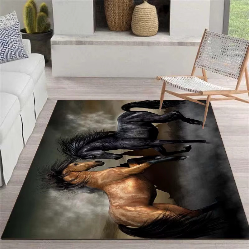 VIKAMA Teppich mit Kampfenden-Pferdemotiv in Schwarz und Braun, rutschfeste und waschbare Wildtier-Bodenmatte für Wohnzimmer und Schlafzimmer, B: 120 cm, T: 80 cm - Bild 2