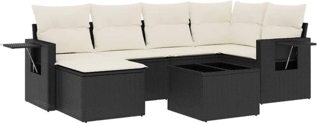 vidaXL 7-teilige Garten-Sofagarnitur in L-Form mit Kissen und Ottoman, Schwarz, Poly-Rattan mit Metallgestell - Bild 1