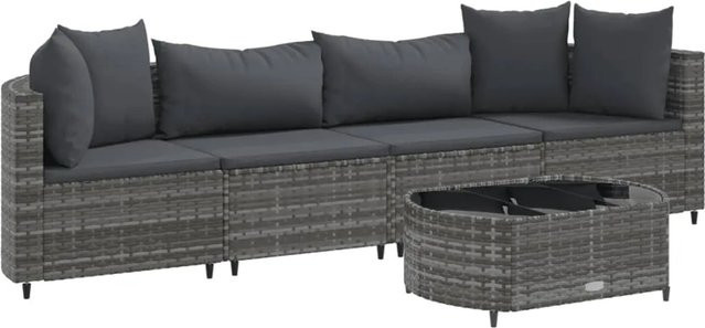 vidaXL 5-tlg Garten-Sofagarnitur in L-Form aus grauem PE-Rattan mit Kissen und Couchtisch - Bild 1