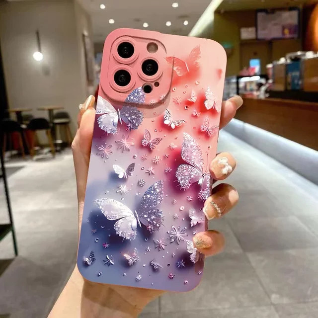 Stoßfeste Silikon-Handyhülle mit Schmetterlings- und Blumenmuster für iPhone 16 15 14 Pro Max 13 12 11 XS X XR 7 8 Plus in Multicolour, matt und weich - Bild 1
