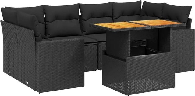 vidaXL 7-teilige Garten-Sofagarnitur aus Poly-Rattan und Akazienholz in Schwarz mit Kissen - Bild 1