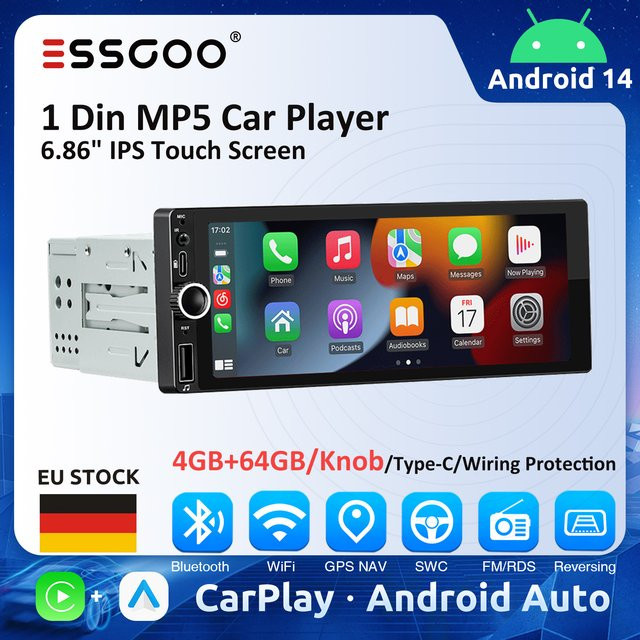 ESSGOO 1Din Autoradio mit Android 14, 6,86 Zoll IPS Display, Carplay, Android Auto, 4 GB RAM, MP5 Player und Bluetooth in Schwarz - Bild 1