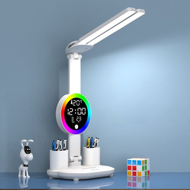 Feimefeiyou Wiederaufladbare LED-Tischlampe mit Ventilator, LED-Uhr und Display in Weiß - Bild 1