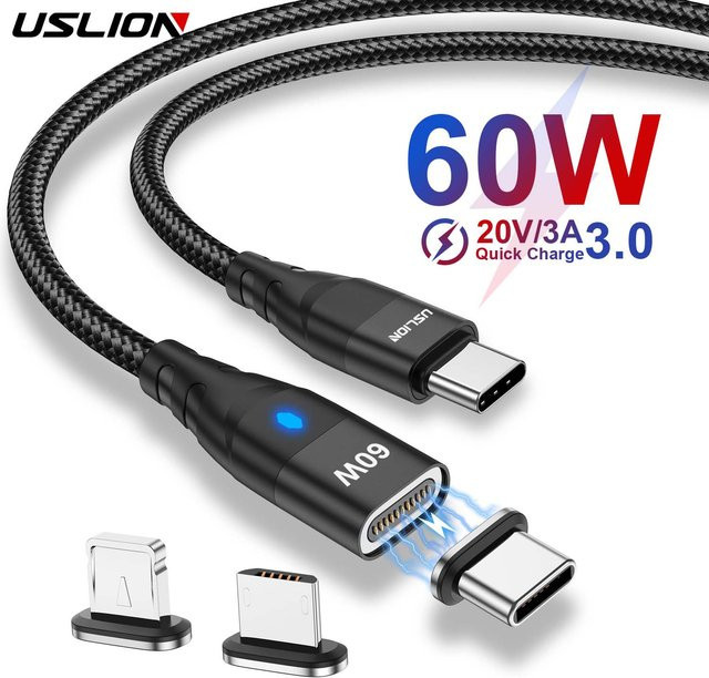 USLION PD 60 W magnetisches Schnellladekabel USB C auf USB C oder Micro USB für iPhone 15 14 Pro Xiaomi 13 und MacBook in Schwarz oder Blau - Bild 1