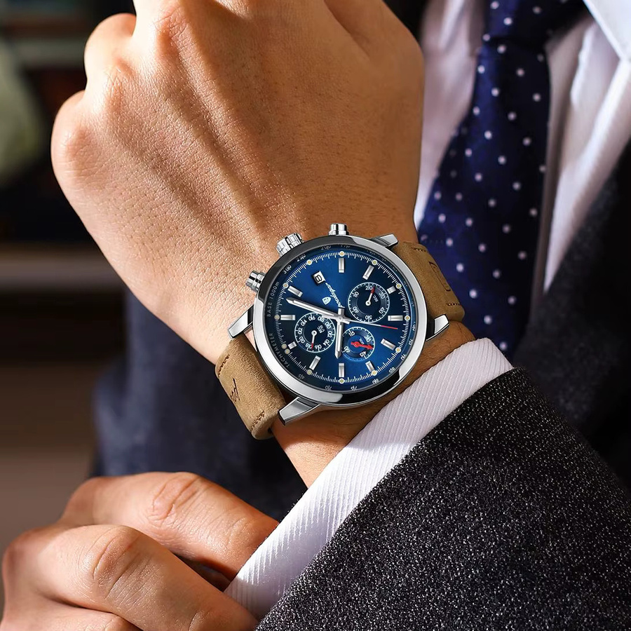 POEDAGAR Armbanduhr Chronograph, Quarz, Leder, Blau, Herren - Bild 5