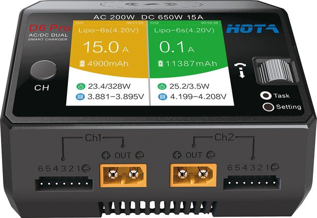 HOTA D6 Pro AC/DC Dual-Channel Smart Balance Ladegerät mit 200W AC und 650W DC für LiPo LiHV NiMH NiCd RC Drohnen in Transparent Blau - Bild 1