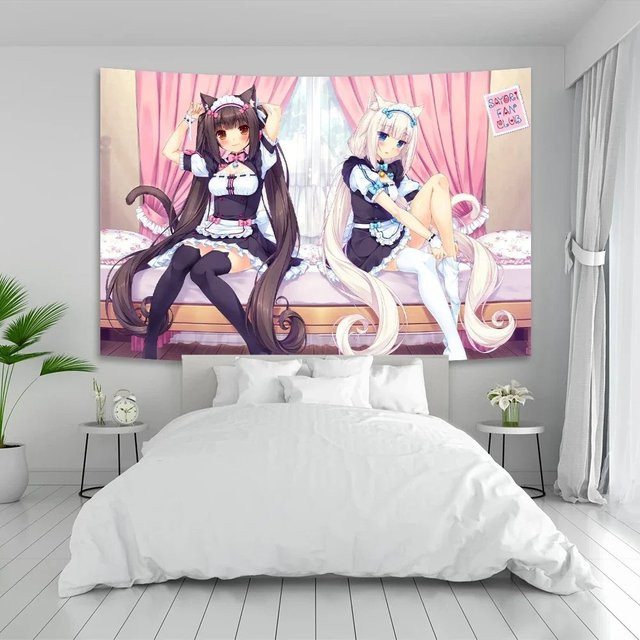 Anime Nekoparas Wandteppich in Rosa mit Kawaii Illustration als textile Wanddekoration - Bild 1