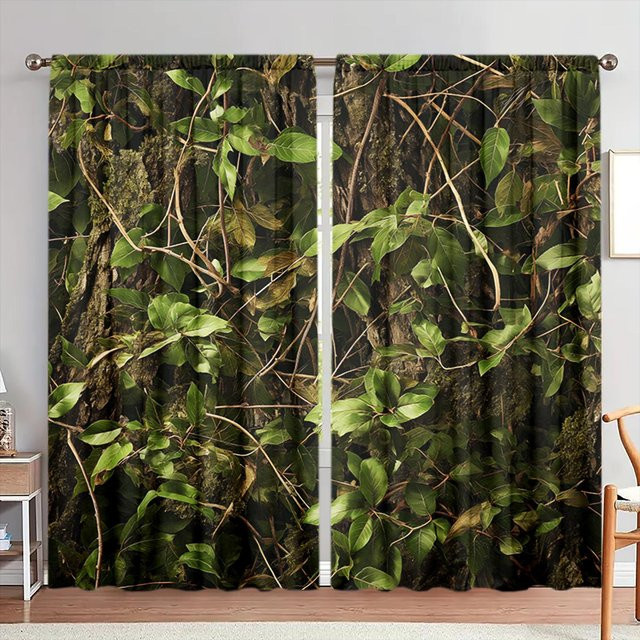 2er-Set Vorhang mit Baumwurzeln und Pflanzen in Braun und Grün, halbtransparentes Fensterdekor aus Polyester für Schlafzimmer, Büro und Küche, Breite: 52,5 cm, Höhe: 116 cm - Bild 1