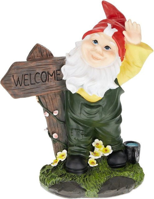 Relaxdays Gartenzwerg aus Polyresin mit Welcome-Schild in Bunt, frostfest, B/T/H: 27 x 22 x 12 cm - Bild 1