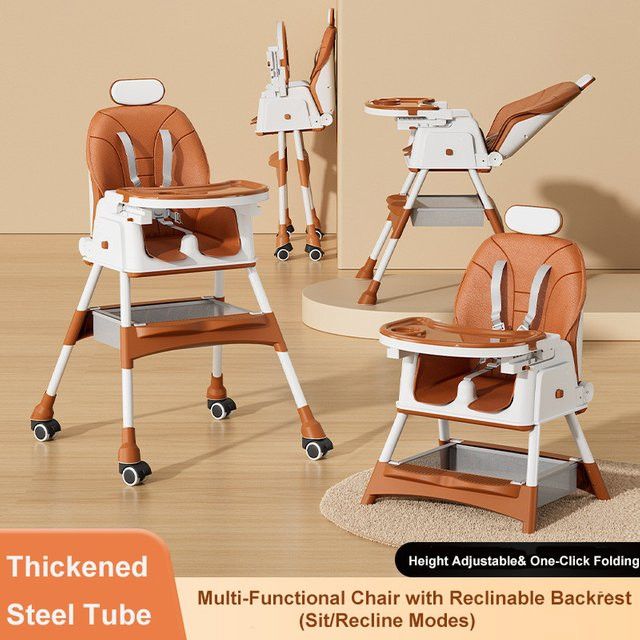 Yuanlvning Klappbarer Baby-Hochstuhl mit Sitzerhöhung in Beige - Bild 1