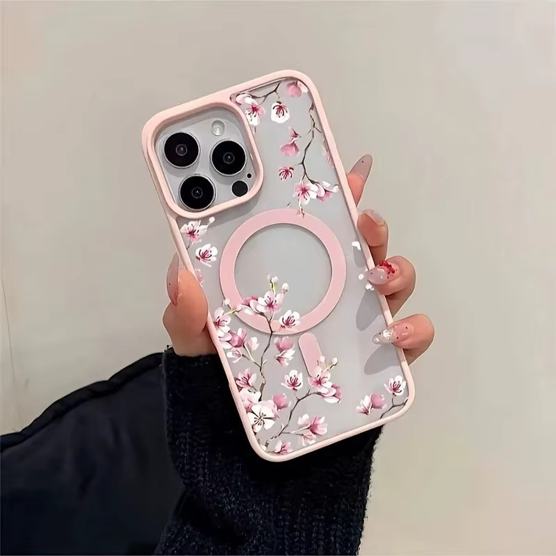 Elegante Magnetische Hülle mit rosa Kirschblüten Blumenmuster für Samsung Galaxy S26 S25 Ultra S24 Plus S23 FE A57 A37 A17 A16 A56 A55 in Pink und Weiß mit kabelloser Ladefunktion - Bild 3