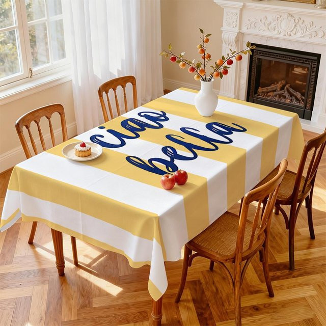 Wasserdichte Tischdecke JINGYUE Pet im italienischen Design, gelb-weiß gestreift, B/B: 140 x 140 cm - Bild 1