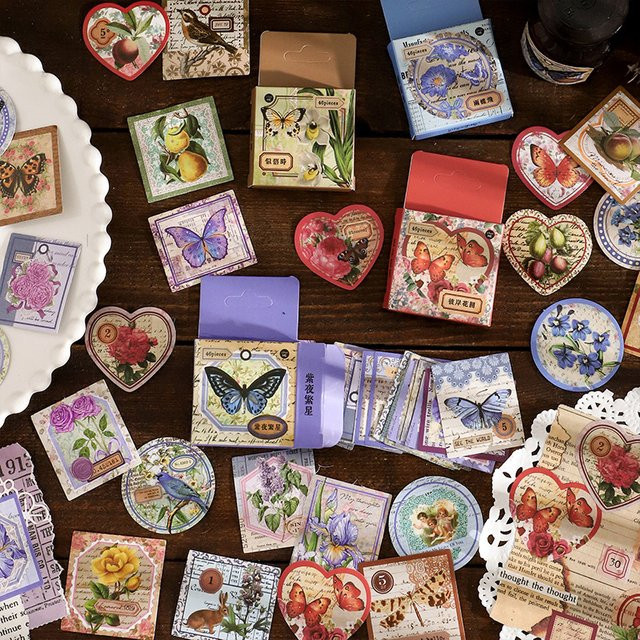 46-teiliges Mini-Aufkleber-Set mit Schmetterlings- und Blumenmotiven im Vintage-Stil, selbstklebend, Mehrfarbig - Bild 1