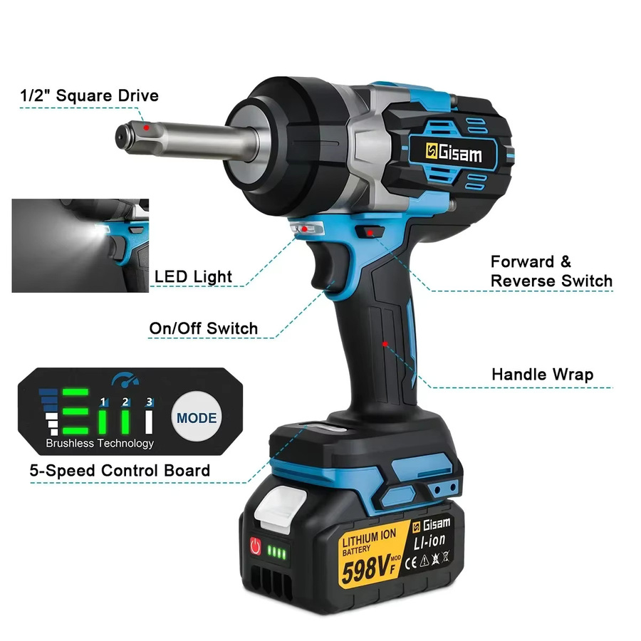 Gisam GΣ 2800 N.M Bürstenloser 1/2 Zoll Schlagschrauber mit verlängertem Amboss für Makita 18 V Akku - Bild 2