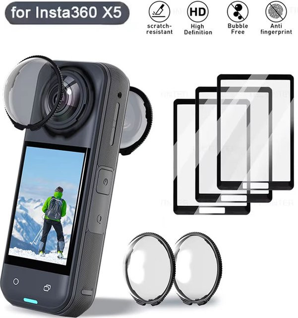 Insta360 X4 X5 Zubehör Set mit Displayschutzfolie und Objektivschutzkappe aus gehärtetem Glas in Transparent - Bild 1