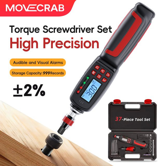 MoveCrab Digitales Drehmomentschraubendreher-Set in Schwarz mit 37-teiligem Bits- und Steckschlüsselsatz, 1/4 Zoll Antrieb, 0,2–10 Nm - Bild 1