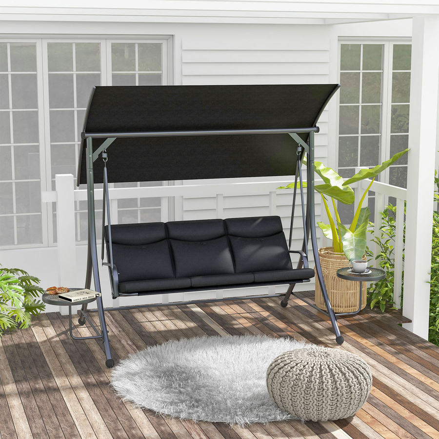 Outsunny Hollywoodschaukel 3-Sitzer mit Sonnendach und Seitentischen in Schwarz, B/T/H: 271 x 125 x 177 cm - Bild 1