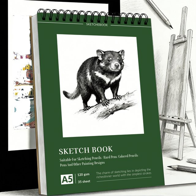 A5 Spiralgebundenes Kunstskizzenbuch mit Tasmanischer-Teufel-Motiv, 35 Blatt säurefreies Papier (120 g/m²) für Bleistift und Kohle - Bild 1