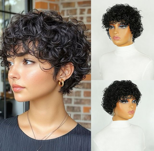 OYM HAIR Wasserwellen-Echthaarperücke mit Pony, Pixie-Schnitt, Damen - Bild 1