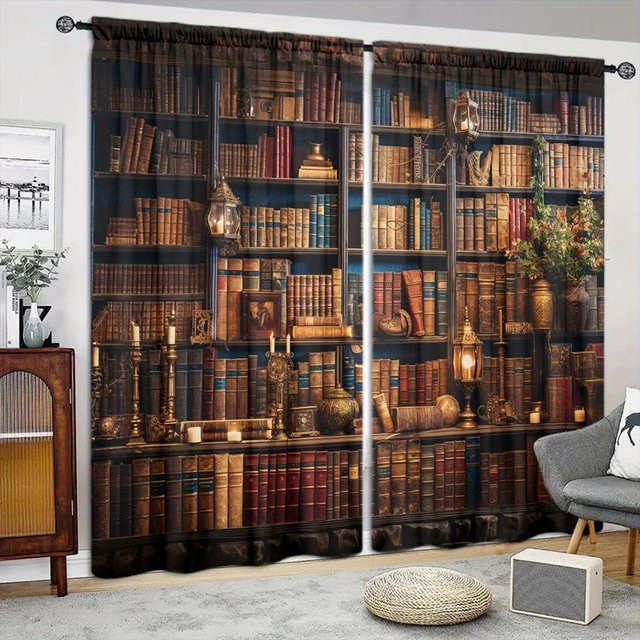2er-Set bedruckter Vorhang mit mittelalterlichem Bücherregal Motiv von Household supplies MH in Braun, Breite: 132 cm, Höhe: 213 cm - Bild 1